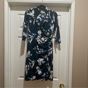 ELIZA J Faux Wrap V-Neck Floral 3/4 Sleeve Sheath Midi Dress Green 4P